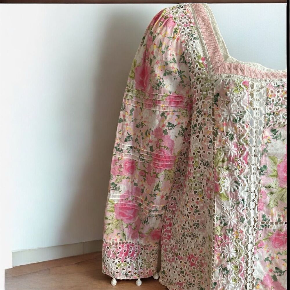 LoveShackFancy Romantic Eyelet Pink White Floral Square Neck Blouse Sleeve - Picture 4 of 12